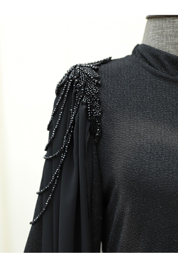 Beaded Shoulder Glitter Princess Evening Dress -Black