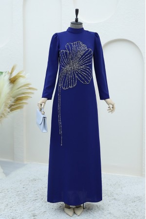 Yonca Taş Desenli Dik Yaka Krep Abiye -Laci