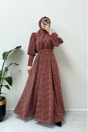 Hakim Yaka Balon Kol Simli Abiye  -Kiremit