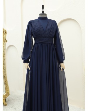 Pleated Double Breasted Tulle Evening Dress -Navy blue