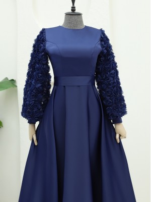 Satin Evening Dress with Rose Detail on Skirt and Sleeves -Navy blue