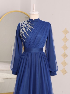 Önü Taş Detaylı Drapeli Kemerli Tül Abiye -Saks