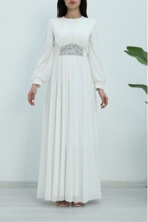 Draped Front, Tied Waist Stone Detailed Evening Dress -White