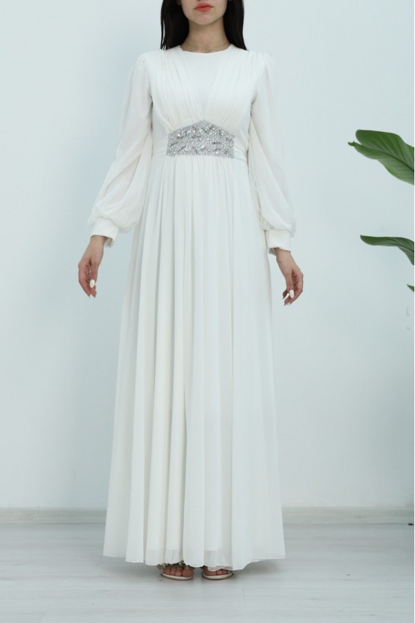 Önü Drapeli Beli Bağlamalı Taş Detaylı Abiye -Beyaz