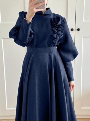 Gül Detaylı Balon Kol Astarlı Abiye -Laci