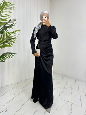 Taş Şeritli Beli Drapeli Saten Abiye -Siyah