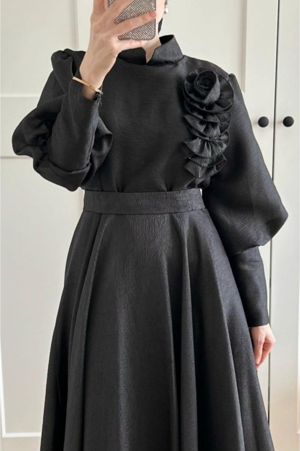 Balloon Sleeve Lined Evening Dress with Rose Detail -Black