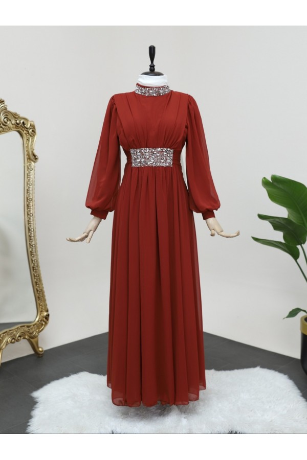 Chiffon Evening Dress with Stone Detail on Collar and Waist -Brick color
