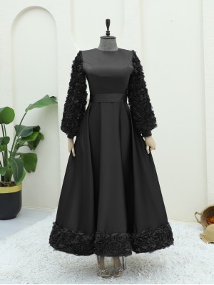 Eteği Ve Kolları Gül Detaylı Saten Abiye -Siyah