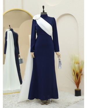 Pleated Evening Dress with Rose Detail on the Shoulder -Navy blue
