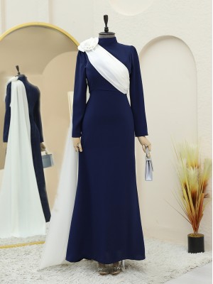 Pleated Evening Dress with Rose Detail on the Shoulder -Navy blue