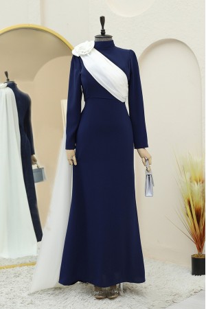 Omuzu Gül Detaylı Pileli Abiye -Laci