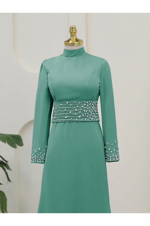 Corset Belted Stoned Satin Evening Dress -Sea green