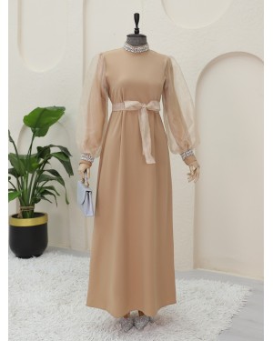 Yakası ve Kolları Taşlı Beli Bağcıklı Organze Kol Elbise  -Vizon