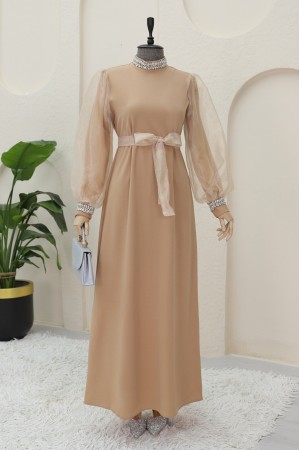 Yakası ve Kolları Taşlı Beli Bağcıklı Organze Kol Elbise  -Vizon