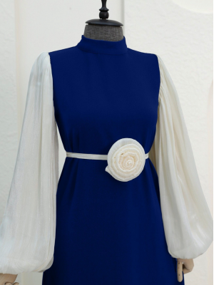 Balloon Sleeve Cuff Elastic Rose Belted Dress  -Saxe 