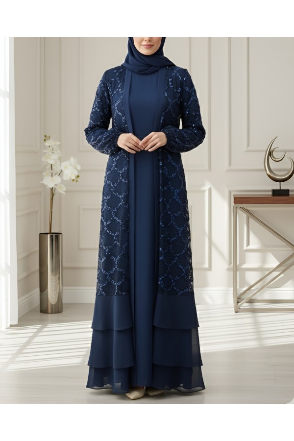 Sequined Double-Layered Belted Skirt Abaya -Navy blue