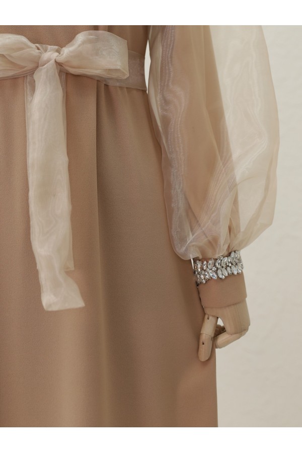 Organza Sleeve Dress with Stoned Collar and Sleeves and Lace -Mink color