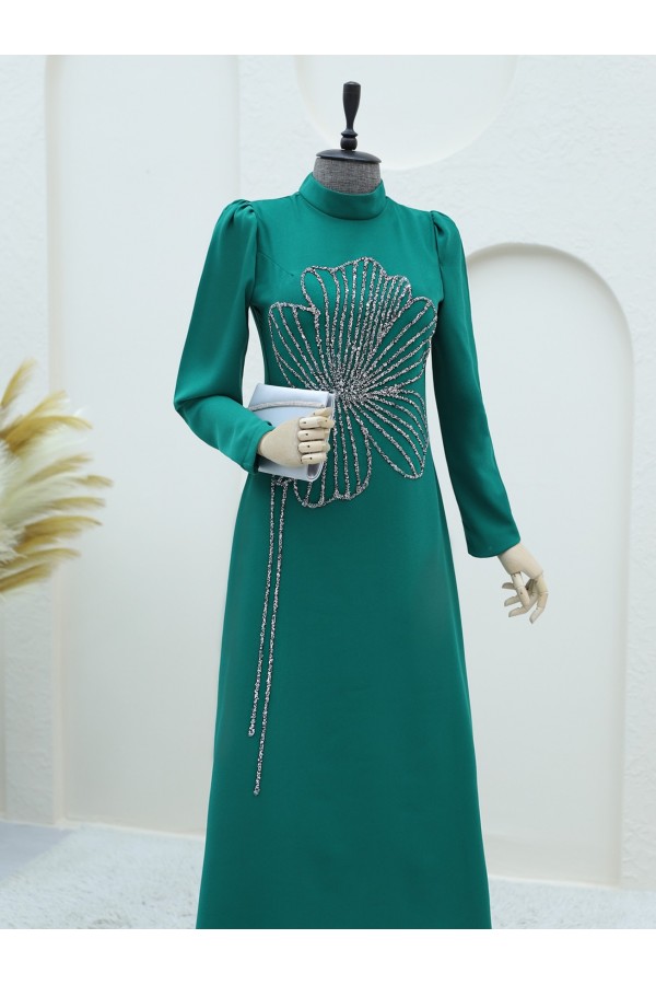 Clover Stone Patterned High Collar Crepe Evening Dress -Green