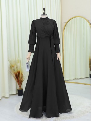 Dik Yaka Yandan Bağlamalı Janjanlı Abiye -Siyah