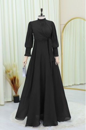 Dik Yaka Yandan Bağlamalı Janjanlı Abiye -Siyah