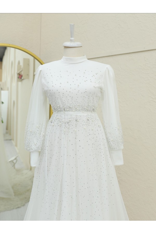 Design Stone Detailed Embossed Tulle Evening Dress  -White