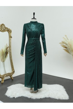 Eteği Büzgülü Hakim Yaka Pul Payet Abiye -Zümrüt