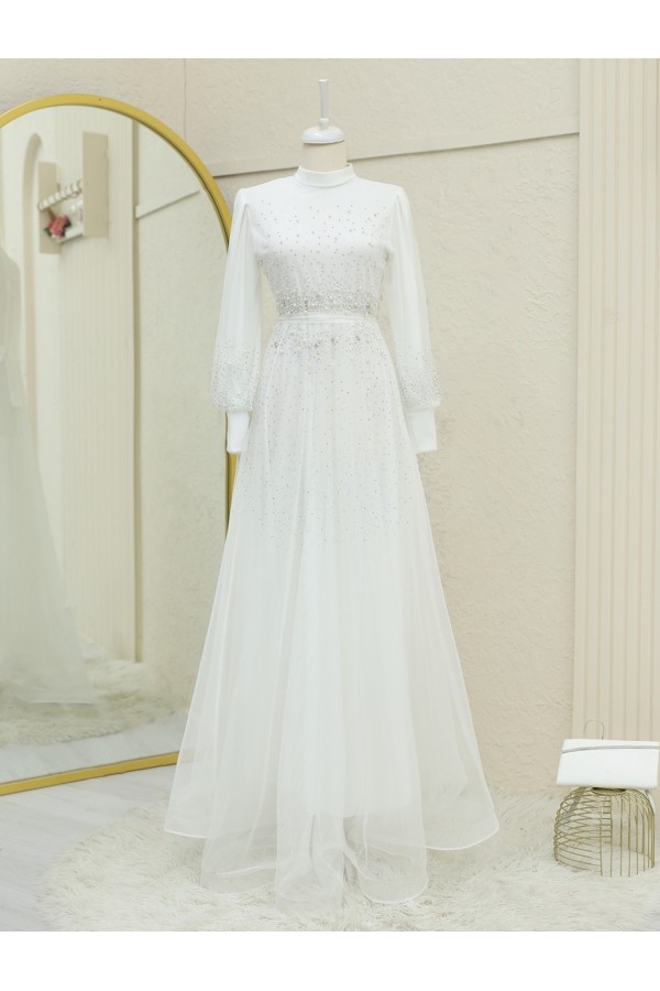 Design Stone Detailed Embossed Tulle Evening Dress  -White