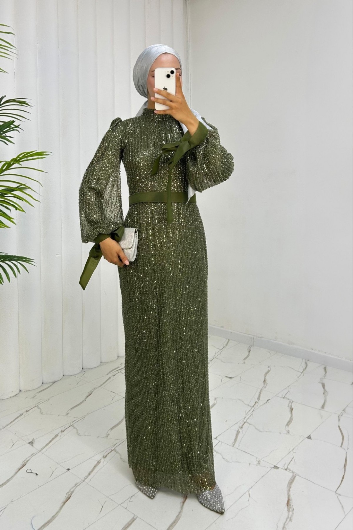 Cut Beaded Ribbon Sequin Belted Evening Dress -Khaki