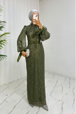 Cut Beaded Ribbon Sequin Belted Evening Dress -Khaki