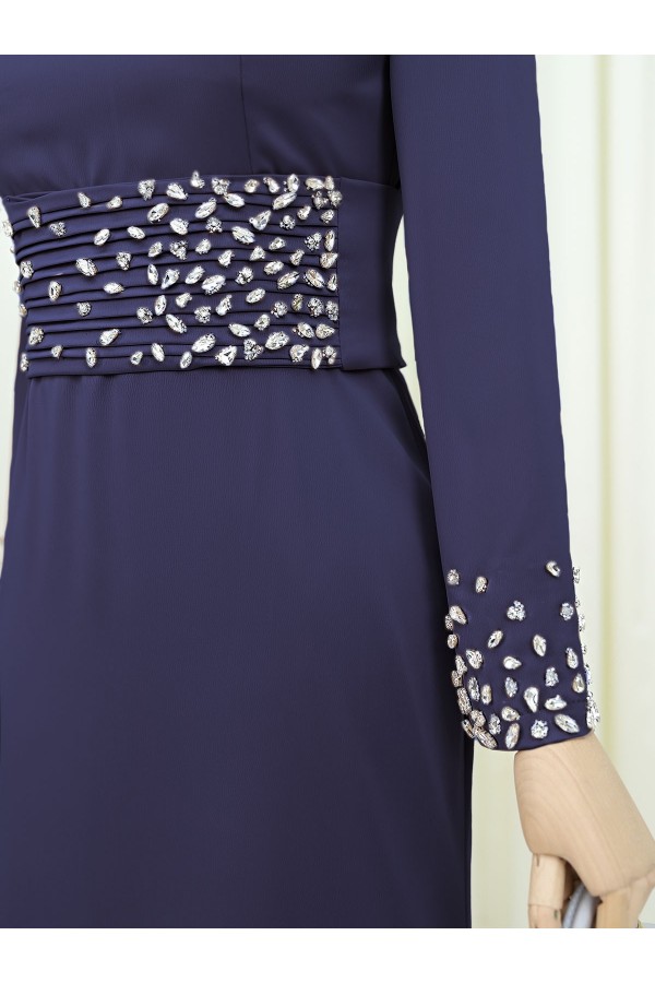 Corset Belted Stoned Satin Evening Dress -Navy blue
