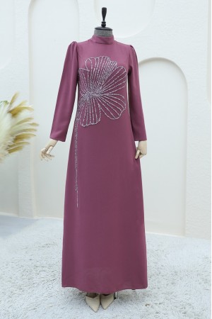 Yonca Taş Desenli Dik Yaka Krep Abiye -G.Kurusu