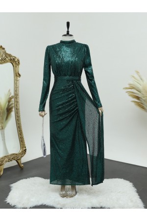 Eteği Büzgülü Hakim Yaka Pul Payet Abiye -Zümrüt