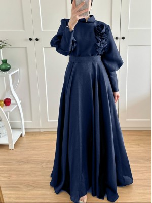 Gül Detaylı Balon Kol Astarlı Abiye -Laci