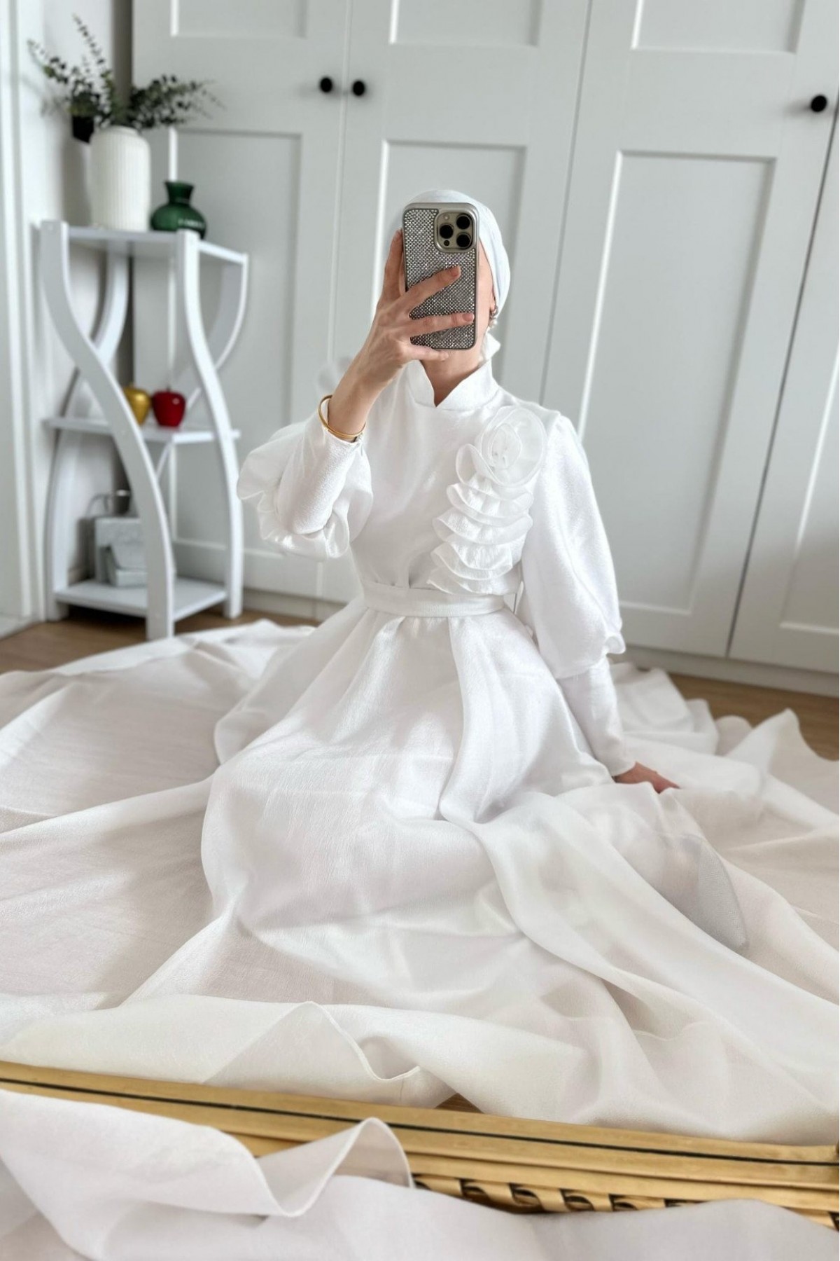 Balloon Sleeve Lined Evening Dress with Rose Detail -White