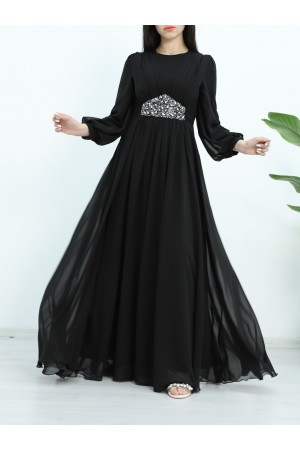 Önü Drapeli Beli Bağlamalı Taş Detaylı Abiye -Siyah