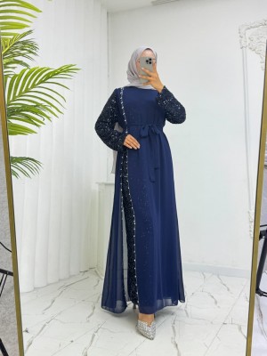 Kolları Pul Payet Kemerli Şifon Abiye  -Laci