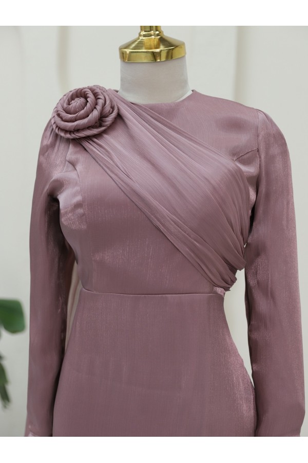 Chiffon Evening Dress with Rose Detail on Shoulder -Dried rose