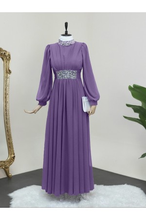 Yakası ve Beli Taş Detaylı Şifon Abiye -Mor