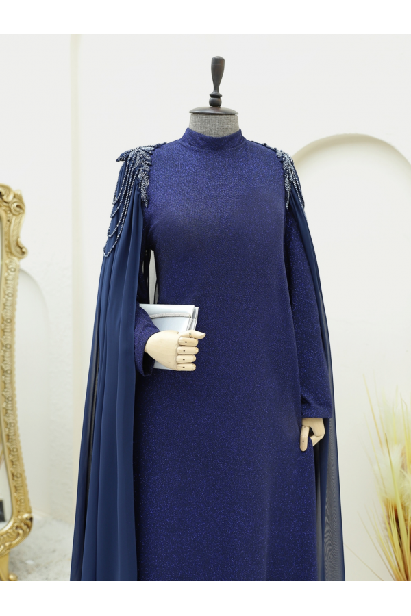 Beaded Shoulder Glitter Princess Evening Dress -Navy blue