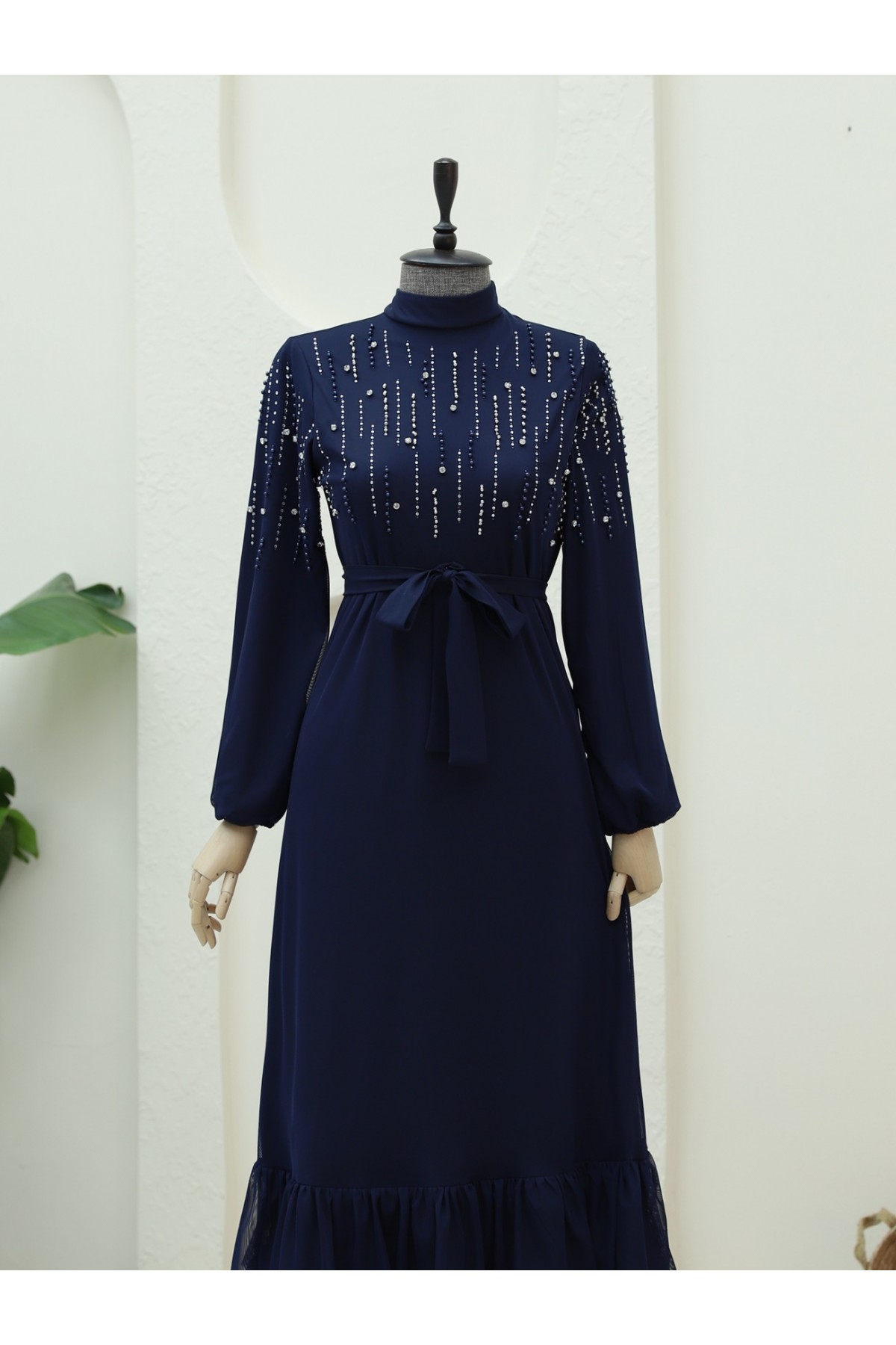 Chiffon Dress with Stone Detail on Top and Elasticated Belt on Sleeves -Navy blue