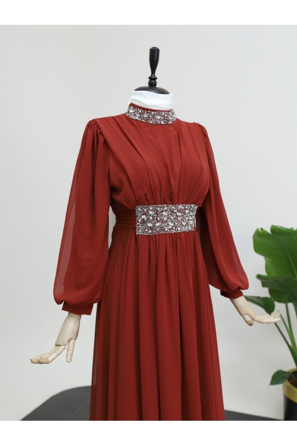 Chiffon Evening Dress with Stone Detail on Collar and Waist -Brick color