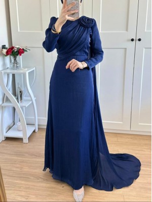 Chiffon Evening Dress with Rose Detail on Shoulder -İndigo
