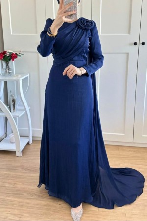 فستان سهرة شيفون مع تفاصيل وردة على الكتف -اللون النيلي