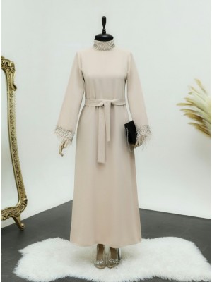 Tied Dress with Stoned Feather Detail on Collar and Sleeves - Beige