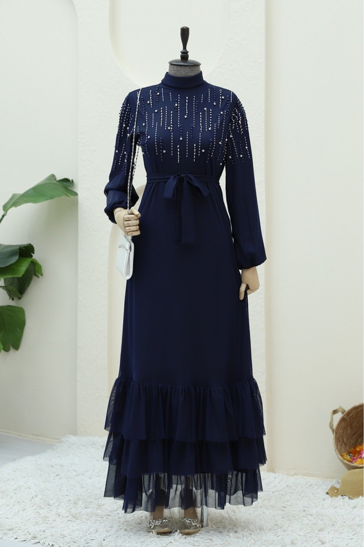Chiffon Dress with Stone Detail on Top and Elasticated Belt on Sleeves -Navy blue