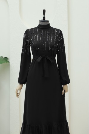 Üstü Taş Detaylı Kolu Lastikli Kemerli Şifon Elbise -Siyah