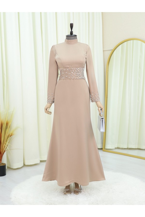 Corset Belted Stoned Satin Evening Dress -Light Mink