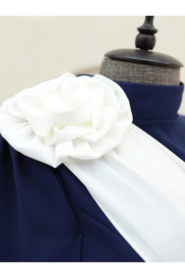 Pleated Evening Dress with Rose Detail on the Shoulder -Navy blue