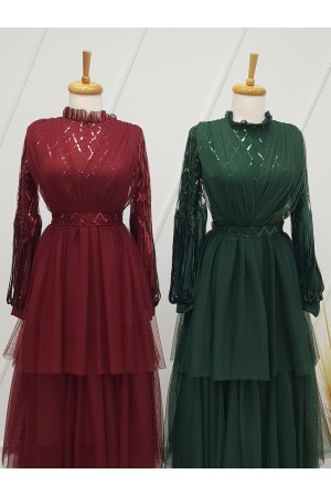 Kolları Pul Payet Tül Abiye  -Zümrüt